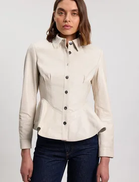 Womens Leather Peplum Buttoned Shirt - Natural - Size 12 Uk - Karen millen - FashionsVida