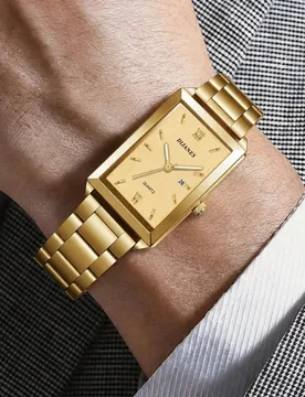 Pieza Reloj de cuarzo para hombre con correa de acero inoxidable dorado, esfera cuadrada con pantalla de calendario, caja de acero inoxidable, reloj d - Shein - FashionsVida