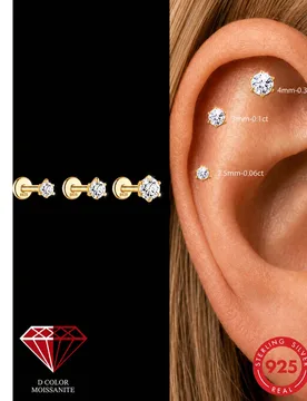 Pieza Moissanita color D, plata de ley S925, minimalista clásico, 6 garras, redondo, espalda plana, pendiente de oreja, joyería de perforación, acc - Shein - FashionsVida