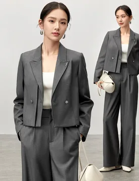 SENTUBILA Women Grey 2 Piece Pant Sets 2026 Autumn Office Lady Double Breasted Short Blazer Wide Long Length Pants Set 143Z56297 - Aliexpress - FashionsVida