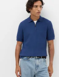 Cotton Blend Ribbed Zip Up Polo Shirt Dark Marine male