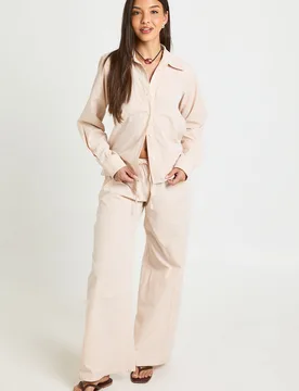 Womens Cotton Poplin Stripe Wide Leg Trousers - Nude - Size 12 Uk - Boohoo - FashionsVida