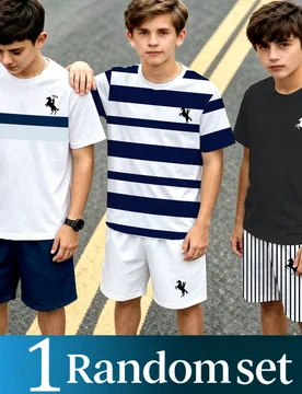 Conjuntos Aleatorios, Envío de 1 Conjunto, Conjunto de Camiseta de Manga Corta con Cuello Redondo y Pantalones Cortos con Patrón de Icono de Jinete - Shein - FashionsVida