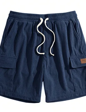 Pantalones cortos cargo de pana fina clásica de verano para hombre con múltiples bolsillos, parche de cuero, cordón y diseño de color contrastante - Shein - FashionsVida