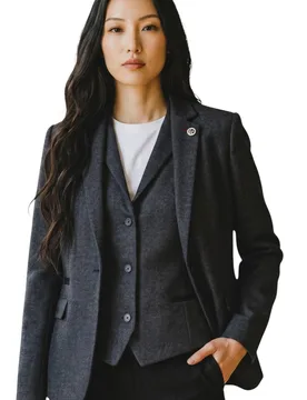 Women's Herringbone Wool Tweed Blazer Waistcoat 2 Piece Set - WS-1 in Charcoal Size: 16 - Charcoal - Size: 16 - Infinity Leather - FashionsVida