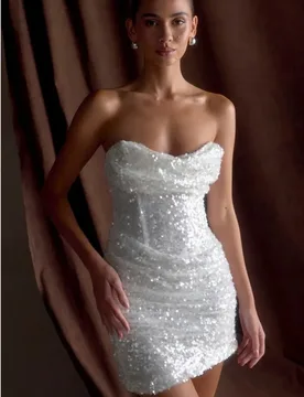 Sexy White Short Prom Dresses Strapless Pleats Sequins Sheath Formal Evening Party Gowns Birthday Robe De Soriee - Aliexpress - FashionsVida