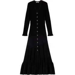 Vestido largo ajustado de punto acanalado con volantes, escote en v y con lana