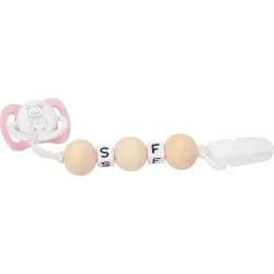 Set Chupete Rosa-Blanco Con Cadena De Bolas De Madera Y Pinza Blanca