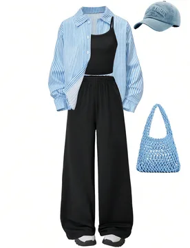 Conjunto de 3 piezas con camisa de manga larga, top y pantalón de chándal de moda y casual, diseñado para niñas, creando un ambiente de vacaciones - Shein - FashionsVida