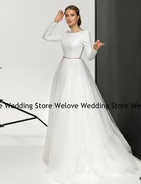 Long Sleeve Civil Wedding Dresses O Neck Tulle Floor Length Illusion Button Back Bridal Gown For Bride Sweep Train White Vestido - Aliexpress - FashionsVida