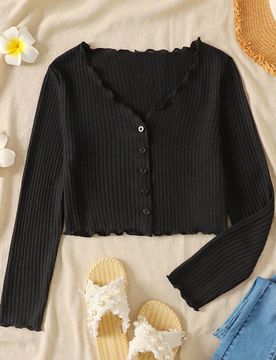Cárdigan de punto acanalado con cuello en V y volantes con botones para niñas preadolescentes, versátil y casual, regreso a la escuela, suéteres n