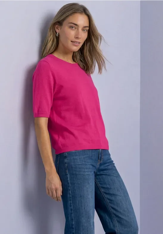 Kurzarm Pullover mit Rundhals in Unifarbe female Pink - Street One - FashionsVida