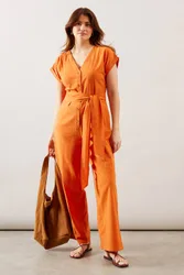 Summer Cotton Button Jumpsuit - Rust - Size: 16