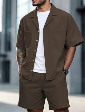 Conjunto casual de camisa de manga corta y pantalones cortos de unicolor para hombre - Shein - FashionsVida