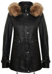 Women's Warm Leather Hooded Parka Jacket-Northwich in Black Size: 16 - Black - Size: 16