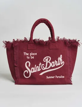 Borsa Vanity bordeaux in cotone con scritta logo stampata bianca e orli sfrangiati - MC2 SAINT BARTH - FashionsVida