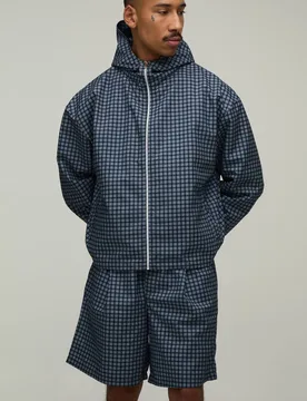 Men's Checked Funnel Neck Wind Breaker Baggy Short Set Navy Size X-Large Navy XL - boohooMAN - FashionsVida