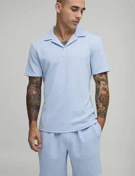 Herren Kurzarm Jersey Fischgrät Schmal Geschnittenes Polo-Hemd & Shorts Set Light Blue Größe XL - boohooMAN - FashionsVida