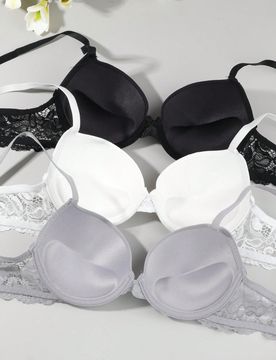 Conjunto de 3 piezas de lencería sexy para niñas/mujeres - Sujetador con relleno y push-up lujoso, con relleno fino, encaje exquisito, alto soporte,