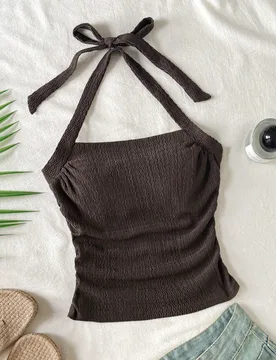 Top ajustado de cuello alto texturizada de color marrón informal para niña preadolescente - Shein - FashionsVida