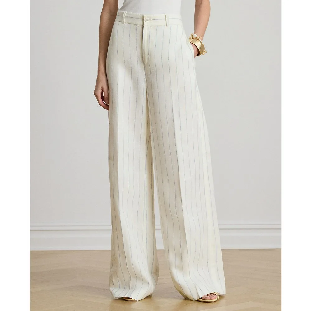 Pantalón ancho de mujer de lino con rayas - Lauren Ralph Lauren - FashionsVida