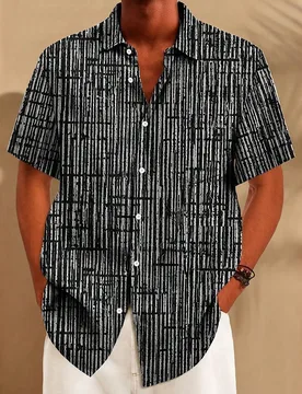 Camisa de manga corta con botones y bolsillo, talla grande para hombre, con estampado de textura geométrica vintage de mediados de siglo de los años - Shein - FashionsVida
