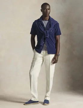 Camicia mezza manica Polo blu in spugna di cotone con taschino al petto - Ralph Lauren - FashionsVida