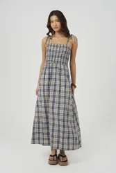Checked Strappy Smock Midi Dress - Blue - Size: XS