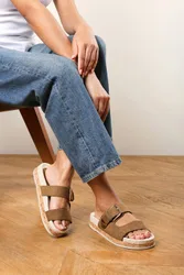 Women's 'Brelia' Dual Strap Flat Sandals with Buckle Closure in Khaki Size: 6 - Khaki - Size: 6