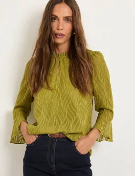 Women's Burnout Ruffle Neck Blouse in Olive Size: 18 - Olive - Size: 18 - Wallis - FashionsVida
