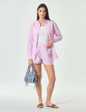 Camicia rosa a righe bianche in popeline con logo ricamato sul retro - MC2 SAINT BARTH - FashionsVida