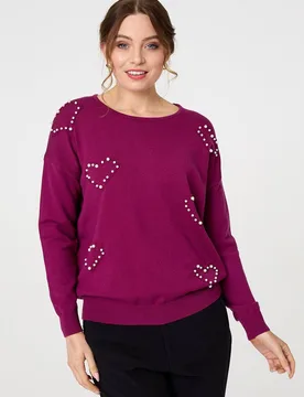 Heart Embellished Boat Neck Jumper - Purple - Size: 10 - Izabel London - FashionsVida
