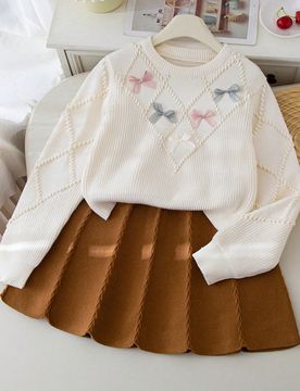 Conjunto de 2 piezas de punto para niña preadolescente, suéter lindo con moño 3D y falda plisada, adorable y elegante, para invierno