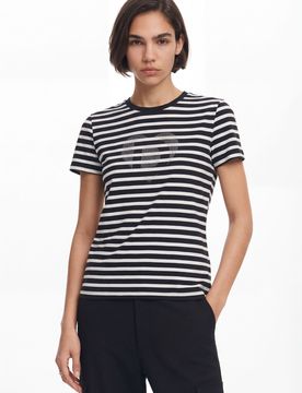 T-shirt rayé cœur, Coton, Blanc, XS