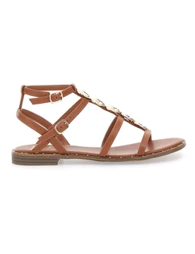 Sandali marroni bassi con fascette incrociate e dettagli oro 661 37 - ME & ME - FashionsVida