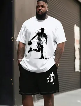 Conjunto de pantalón corto y camiseta de manga corta con estampado de baloncesto, talla grande para hombres. Conjunto de pantalón corto con cordón - Shein - FashionsVida