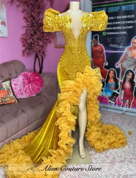 Customized Gold Aso Ebi Mermaid Prom Dress High Slit Ruffles Crystal Beaded Evening Gown Robe De Soirée Birthday Party Gown - Aliexpress - FashionsVida