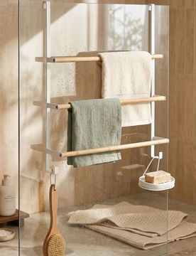 Porta asciugamani da bagno sospeso con aste in bambù - bianco