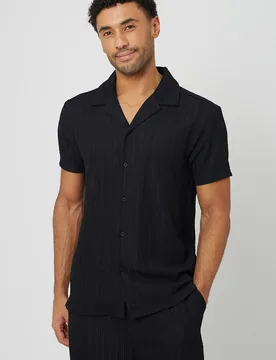 Mens Black Textured Revere Collar Shirt - Size Medium - Brave soul - FashionsVida
