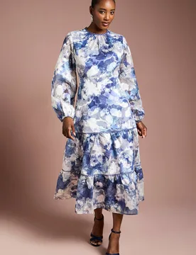 Women's Printed Satin Jacquard Volume Dress in Navy Size: 10 - Navy - Size: 10 - Coast - FashionsVida