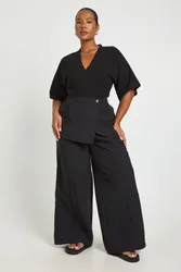 Womens Plus Nylon Wide Leg Trouser With Overlay - Black - Size 20 Uk