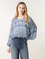 Abstract Printed V Neck Puffball Top - S / NAVY - female