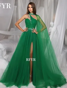 RFYR A Line Prom Dress Halter Evening Dress One Shoulder Celebrity Party Dress Beading Princess Robe vestidos fiesta Customized - Aliexpress - FashionsVida
