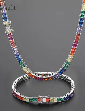 Mm Rainbow CZ Tennis Chain Necklace & Bracelet – Square-Cut Iced Out Hip Hop Jewelry for Men and Women, 16–24" & 7–9" - Aliexpress - FashionsVida