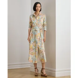Vestido midi camisero de lino estampado