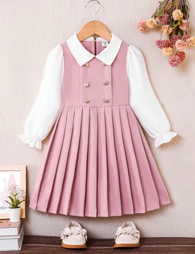 Vestido azul marino de niña con cuello Peter Pan, doble botonadura y dobladillo plisado de manga larga 2 en 1, adecuado para estilo casual, elegante, - Shein - FashionsVida