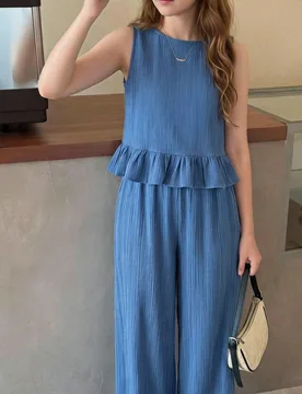 Conjunto de top sin mangas texturizado tejido azul y pantalones rectos para adolescentes, adecuado para vacaciones, fiestas, elegante, vuelta al coleg - Shein - FashionsVida