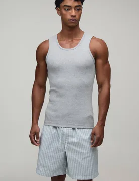 Men's Ribbed Muscle Fit Vest & Baggy Lounge Short Set Grey Marl Size Small Grey Marl S - boohooMAN - FashionsVida