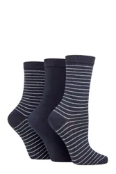Women's 3 Pair SOCKSHOP 100% Recycled Fine Stripe Cotton Socks Navy 4-8 Ladies - Blue - Size: Small