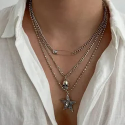 Fashion 3Pcs/Set Gothic Skull Pentagram Pendant Necklace for Men Punk Creative Multi Layer Bead Chain Choker New Trendy Jewelry